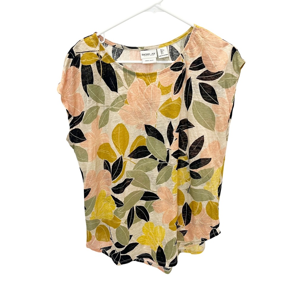 Rachel Zoe Linen Floral‎ Print Cap Sleeve Knit Top Botanical Boho - Size Large